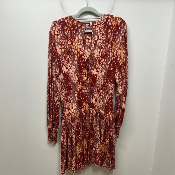 Free People Red tan Floral Long Sleeve Tiered Mini Dress printed XL prairie cott - Picture 7 of 8